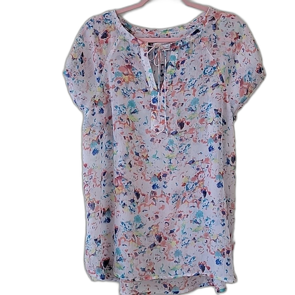 Liz Claiborne Spring Summer Beachy Multicolor Sheer Blouse Red Pink Size L